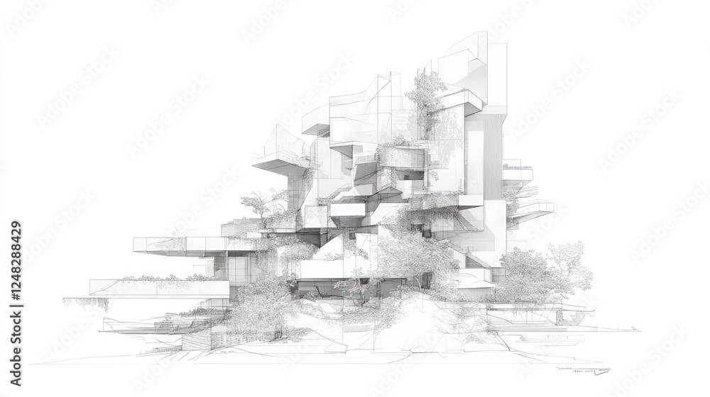 Poster conceptual architectural sketch showing a complex modern building design