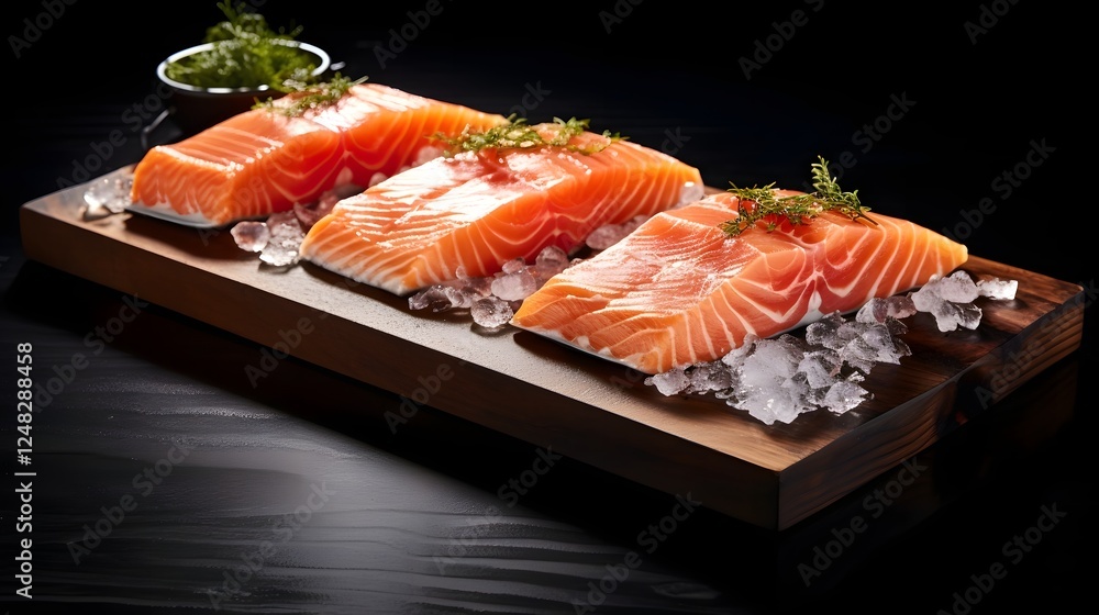 Aufkleber frozen salmon fillets with intricate ice crystals forming on the surface displayed on a rustic woode