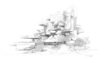 Conceptual architectural sketch showing a complex modern building design