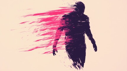 Abstract figure dissolving into pink streaks symbolizing disintegration change or the fleeting nature of existence on light background