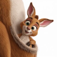 Adorable joey kangaroo peeking from its mother's pouch.  The joey has large, expressive eyes and a sweet smile.  The image is rendered in a charming, cartoon style. 
