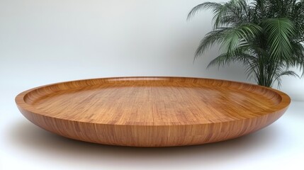 Elegant Wooden Tray on a Minimalist Background with Green Plant
