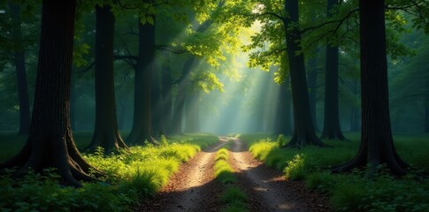 Obraz premium Ancient trees frame a shadowed forest crossroads , light, deep, brown