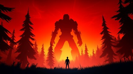 Fototapeta premium A lone figure stands before a colossal robot in a fiery landscape surrounded by silhouetted trees evoking a sense of daunting confrontation