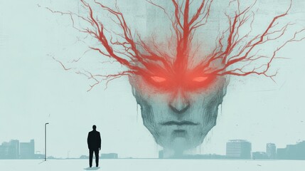 Cityscape dreamscape A lone figure faces a colossal ethereal head with glowing eyes and branching red veins in a surreal urban landscape