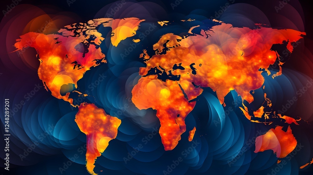 Poster stylized heat map visualization depicting global temperature changes and trends over time for enviro