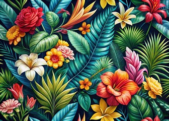 Lush Tropical Bouquet Wallpaper Texture: Vibrant Floral Pattern Background