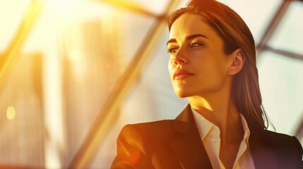Businesswoman Looking Towards City Skyline Sunset