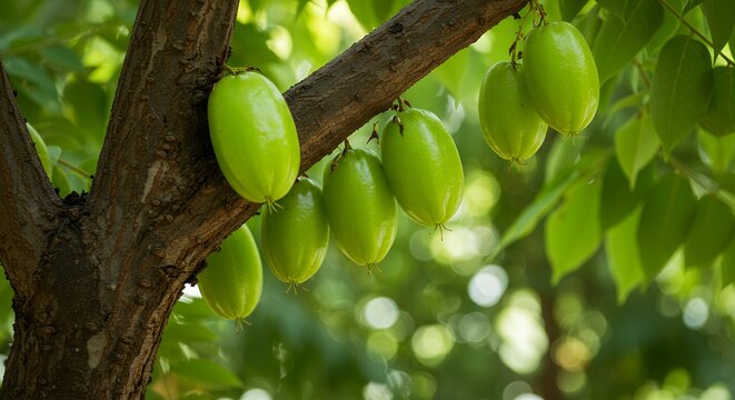 Star Gooseberry Fruit Hanging on Tree Branch, Phyllanthus acidus
