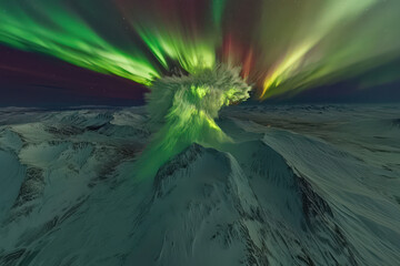 Aurora borealis dances above snowy peaks, celestial show