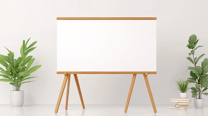 Minimalist presentation board in a bright room with potted plants and a clean aesthetic