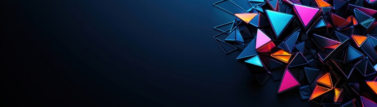 A vibrant arrangement of colorful, geometric shapes against a dark background, creating a dynamic and modern visual effect.
