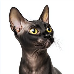 Curious Sphynx cat with smooth skin exploring a bright, white space