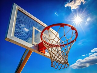 Modern Outdoor Basketball Hoop & Net, Clear Blue Sky - Stock Photo