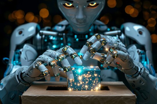 Ai humanoid robot participating in an election by casting a vote into a ballot box for democracy