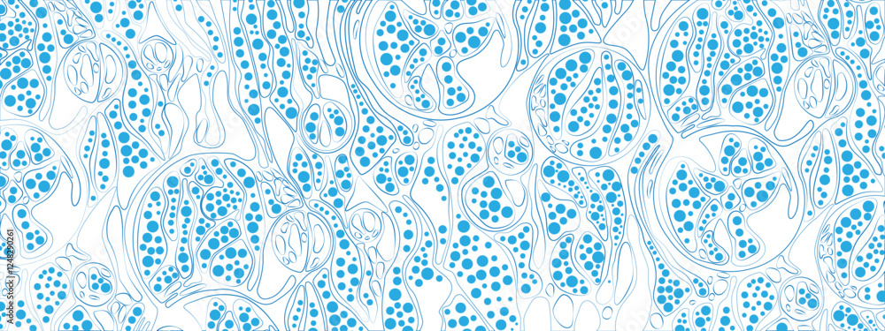 Poster blue vector background with an abstract chaotic texture. lines, particles, and circles create a cell