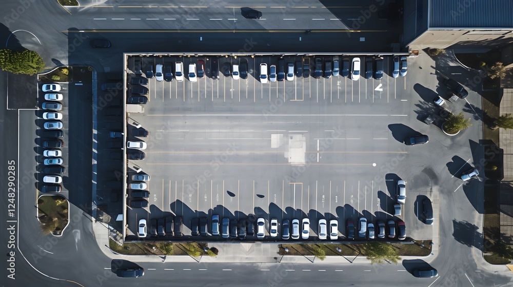 Aufkleber overhead aerial shot of a vast well structured parking lot with neatly delineated spaces and marking