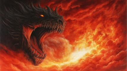 A formidable black dragon exhales fiery breath into a turbulent red-orange sky filled with swirling smoke and clouds in a dramatic display
