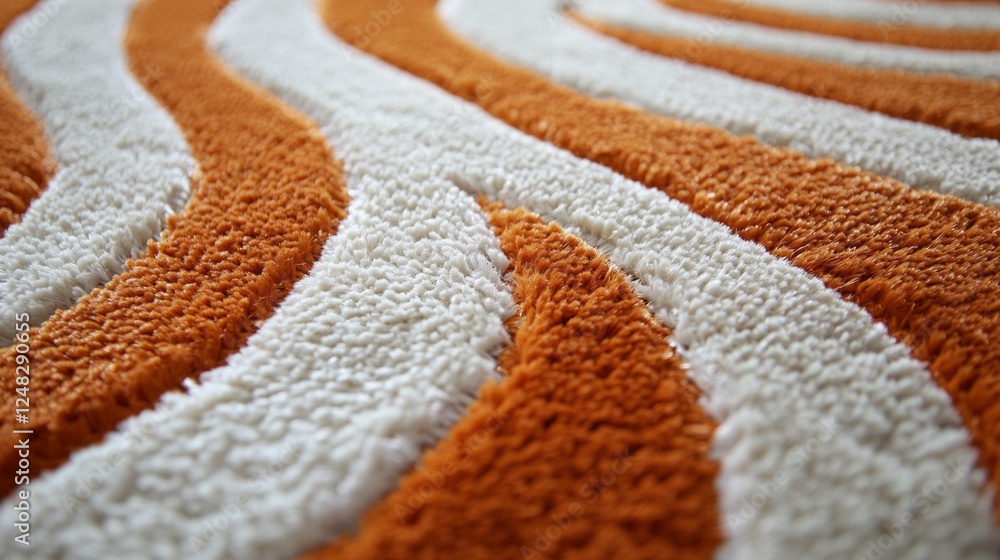 Poster close-up view revealing the intricate patterns and rich texture of an orange and cream rug, perfect 