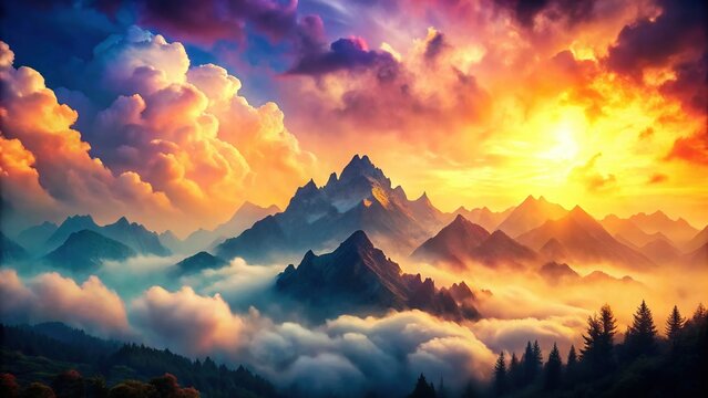 Silhouette of Mountains against Watercolor Cloud Wallpaper Texture