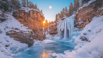 Majestic frozen waterfall surrounded by snow-covered cliffs under a bright moonlit sky