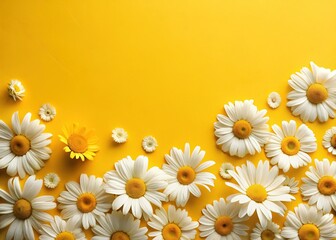 Vibrant Yellow Background Flat Lay with Delicate White Chamomile Flowers - Perfect for Text Overlay