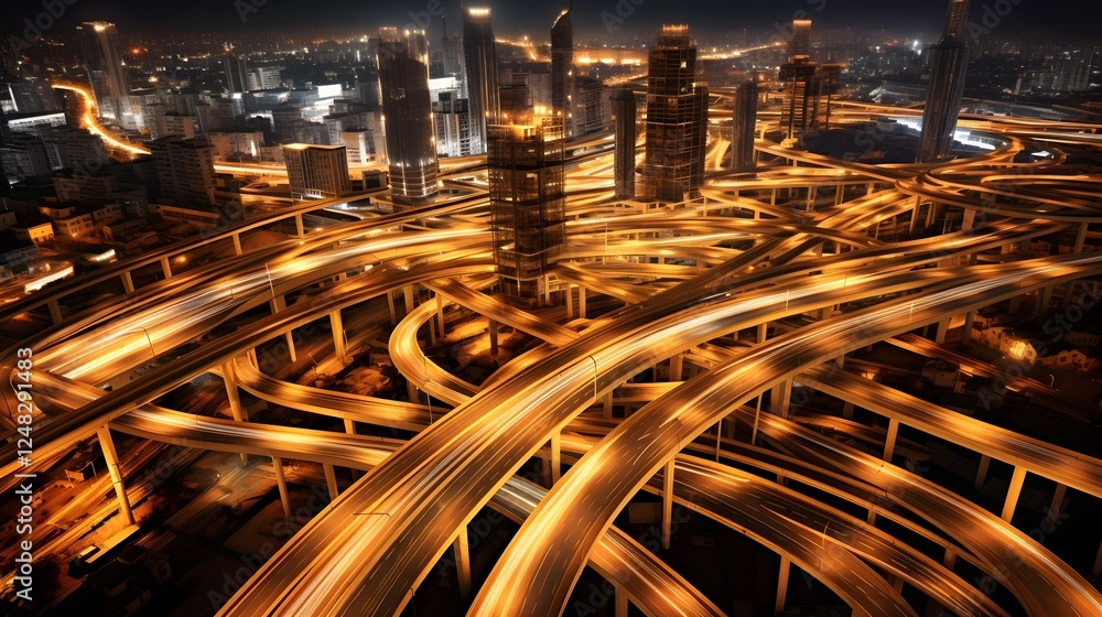 Poster overhead perspective of a busy highway interchange at night with vehicles creating mesmerizing light