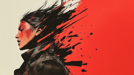 Expressive portrait of a woman in black jacket with striking red accents and dynamic brush strokes conveying intensity and emotion