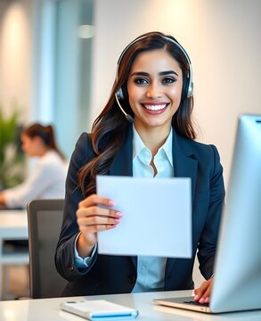 asistencia al cliente o agente de ventas femenino. Operador telef&oacute;nico de llamada o recepcionista