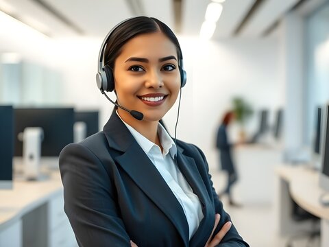 asistencia al cliente o agente de ventas femenino. Operador telef&oacute;nico de llamada o recepcionista