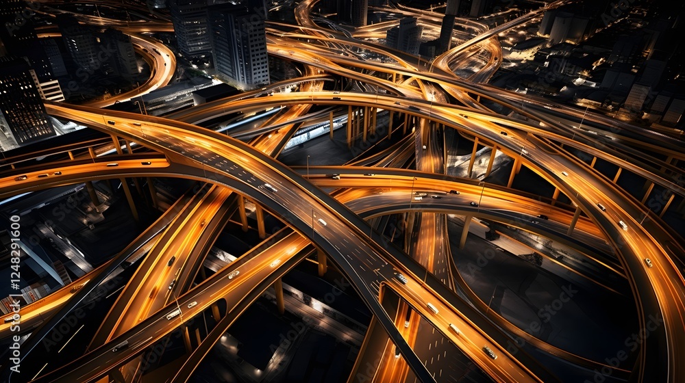 Poster overhead view of a bustling highway interchange at night with streams of bright light trails from th