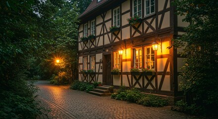 A charming half-timbered house glows warmly in the evening, nestled among lush greenery along a cobblestone path, illuminated by vintage street lamps in a peaceful, storybook-like setting.