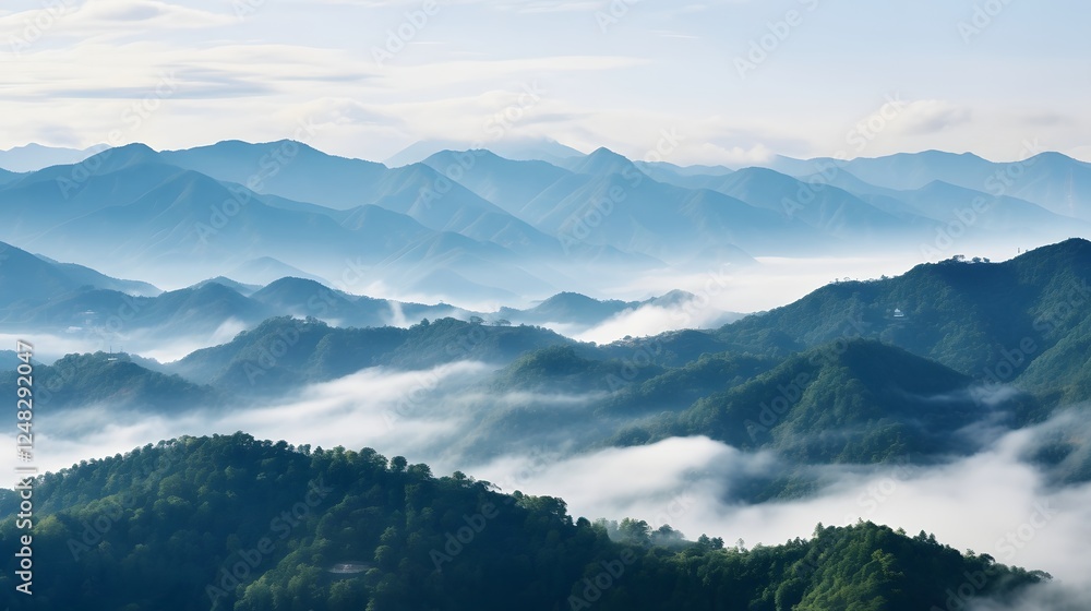 Poster misty mountain peaks shrouded in clouds rise into the sky creating a serene and landscape in a remot