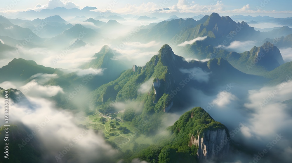 Poster dramatic high angle view of a rugged mountain range covered in ethereal mist and wispy clouds creati
