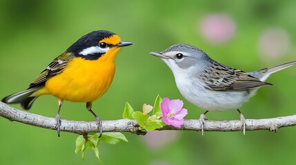 Sweet Moment of Two Birds Sharing Love in a Beautiful Floral Setting