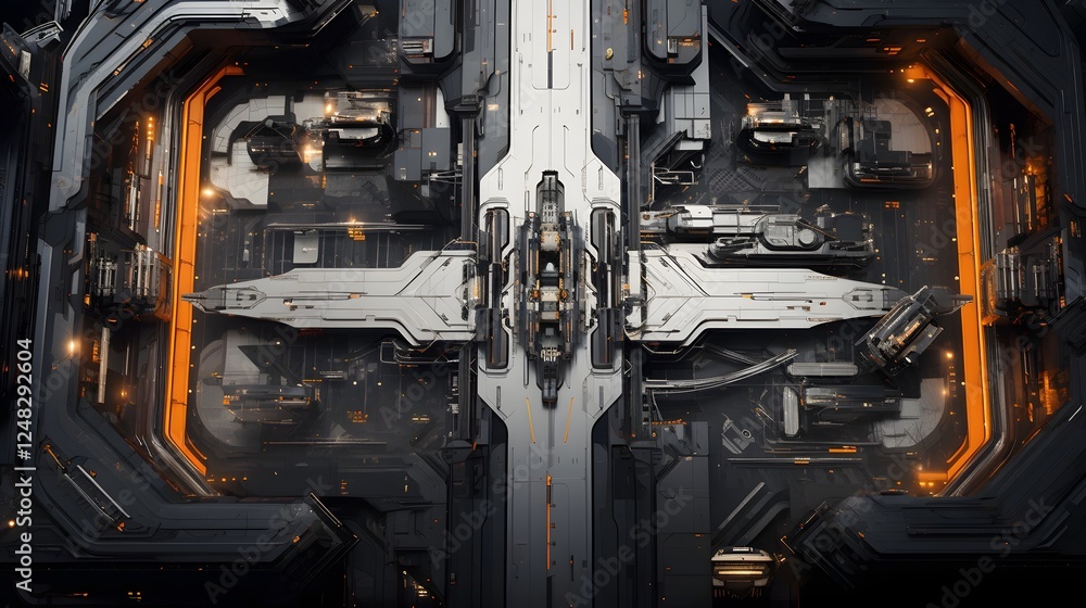 Poster aerial panoramic view of a high tech futuristic industrial complex featuring a sleek and modern arch