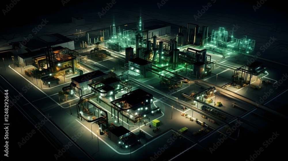 Poster aerial view of a sprawling futuristic industrial complex with advanced technology driven architectur