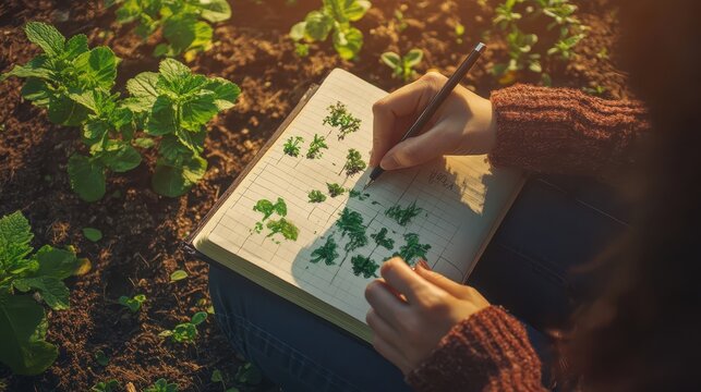 Close-up overhead view of a gardener sketching garden plans in a journal, warm sunlight casting soft shadows, cozy and artistic feel