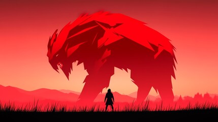 Naklejka premium A solitary figure faces a gigantic crimson beast silhouetted against a fiery sunset creating an intense and dramatic confrontation