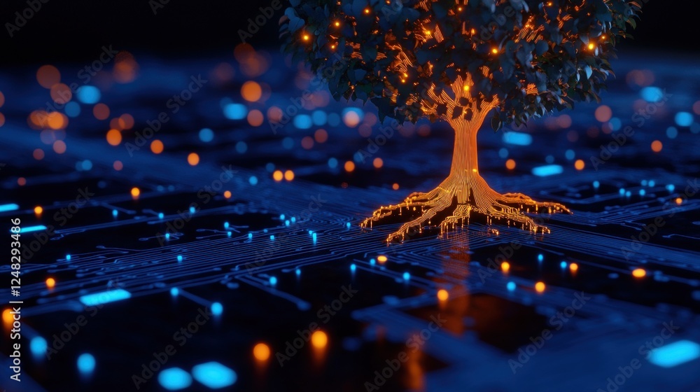 Poster glowing tree on digital circuit; network growth