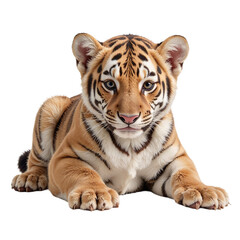 Obraz premium Adorable tiger cub lying down, looking at the camera. Cutout image.