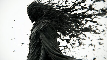 Dark spectral figure with flowing hair and cloak against a stark white background conveying a sense of eerie mystery and ethereal presence
