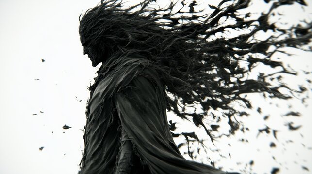 Dark spectral figure with flowing hair and cloak against a stark white background conveying a sense of eerie mystery and ethereal presence