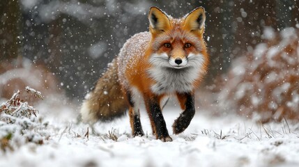 Fototapeta premium Curious Orange Fox Cautiously Stepping Through Snowy Landscape