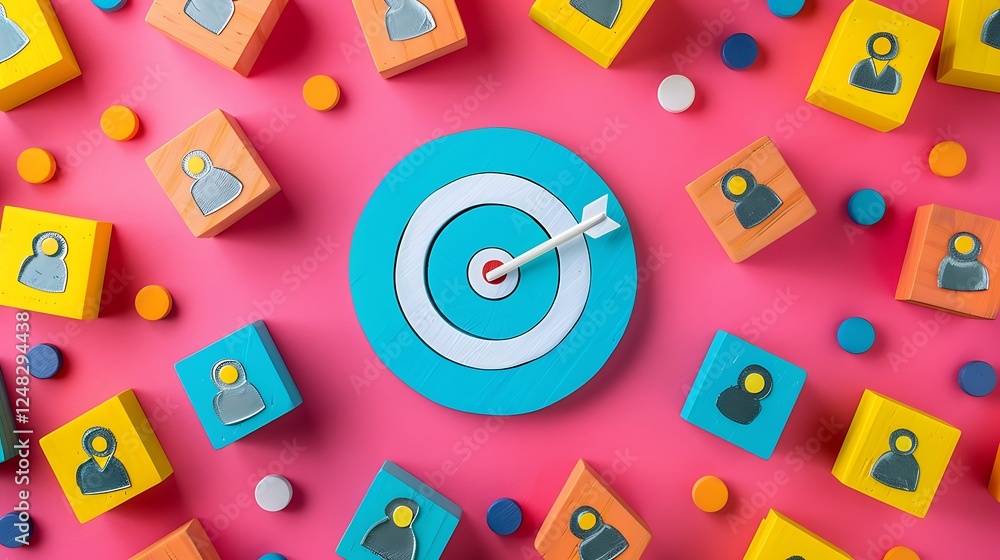 Poster finding the target with colorful blocks and a bullseye