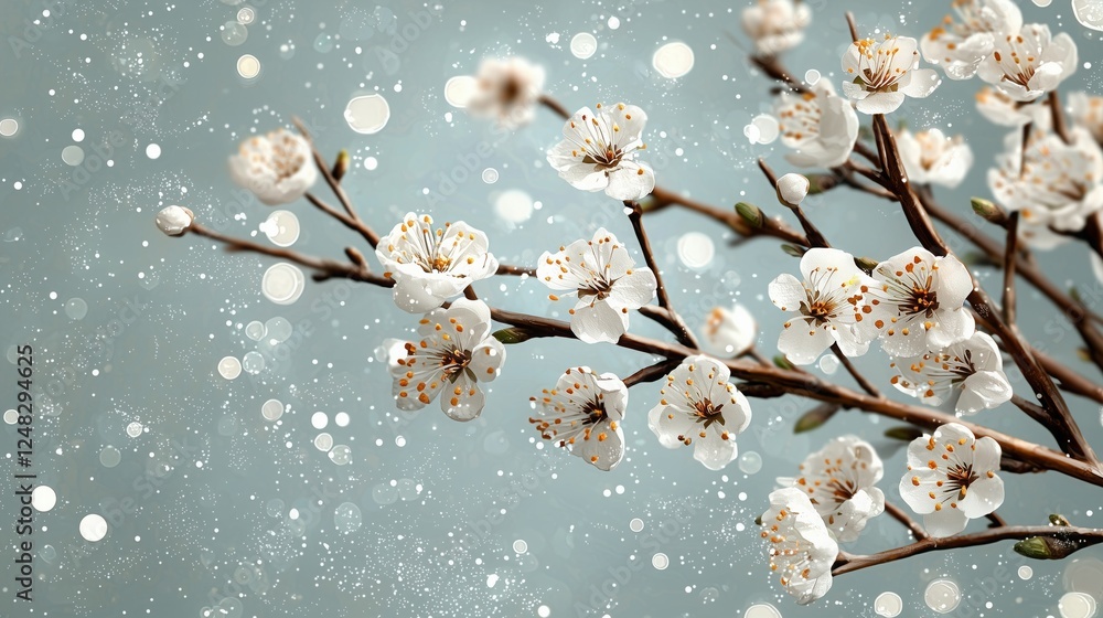 Poster blossoming spring branches create a serene atmosphere filled with delicate white flowers and shimmer