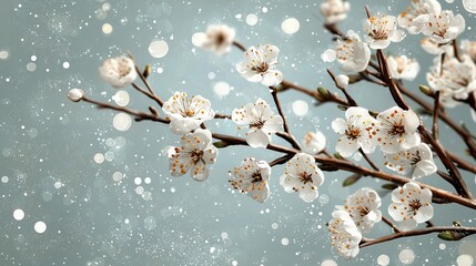 Blossoming spring branches create a serene atmosphere filled with delicate white flowers and shimmering bokeh effects