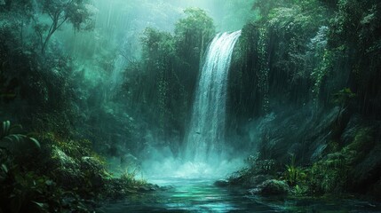 Lush jungle waterfall, mist, tranquil pool, serene landscape, nature background