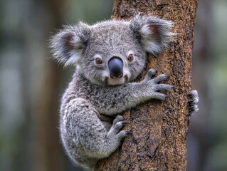 Obraz premium Curious Koala Clinging to Eucalyptus Tree Munching on Leaves