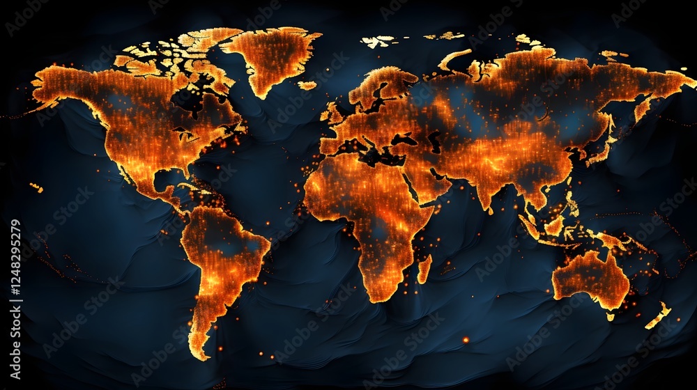 Poster aerial view of a glowing satellite map displaying the intricate network of illuminated cities and ur